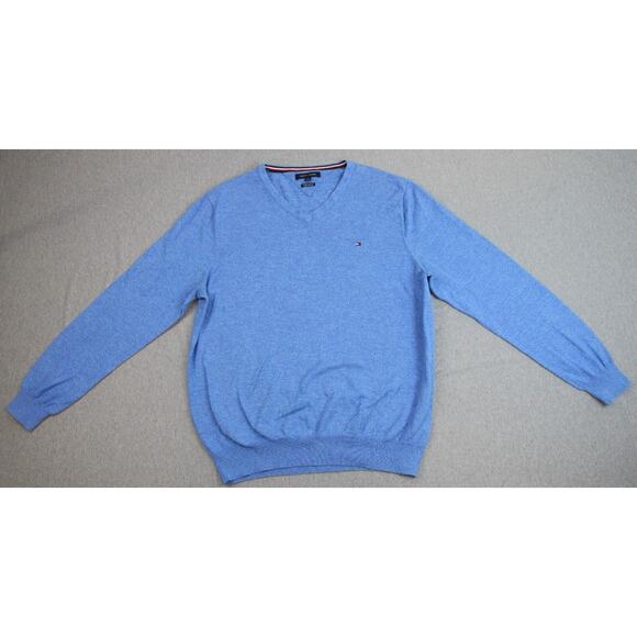 Tommy Hilfiger Sweater Mens XL Blue Premium Cotton V-Neck Pullover Sweater - Picture 1 of 7